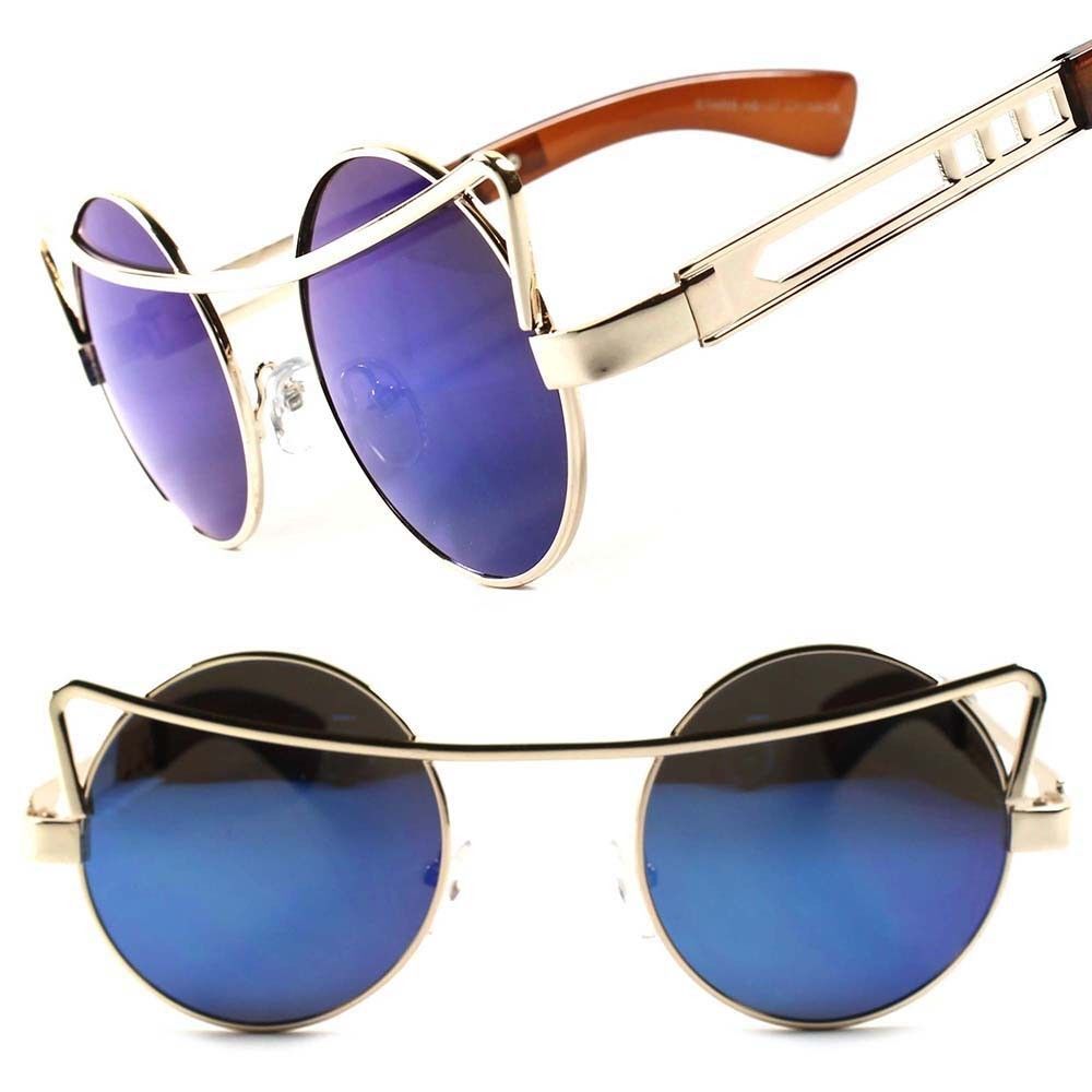Funky Steampunk Vintage Style Color Mirrored Round Gold Sunglasses